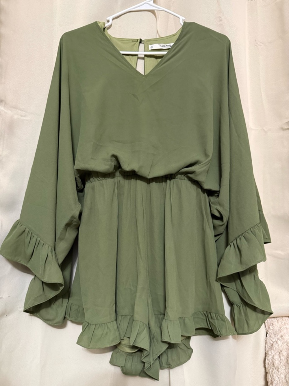 Caramel Olive Green Ruffled V-Neck Tunic